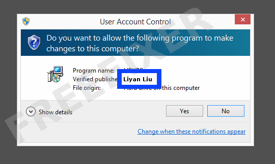 Screenshot where Liyan Liu appears as the verified publisher in the UAC dialog